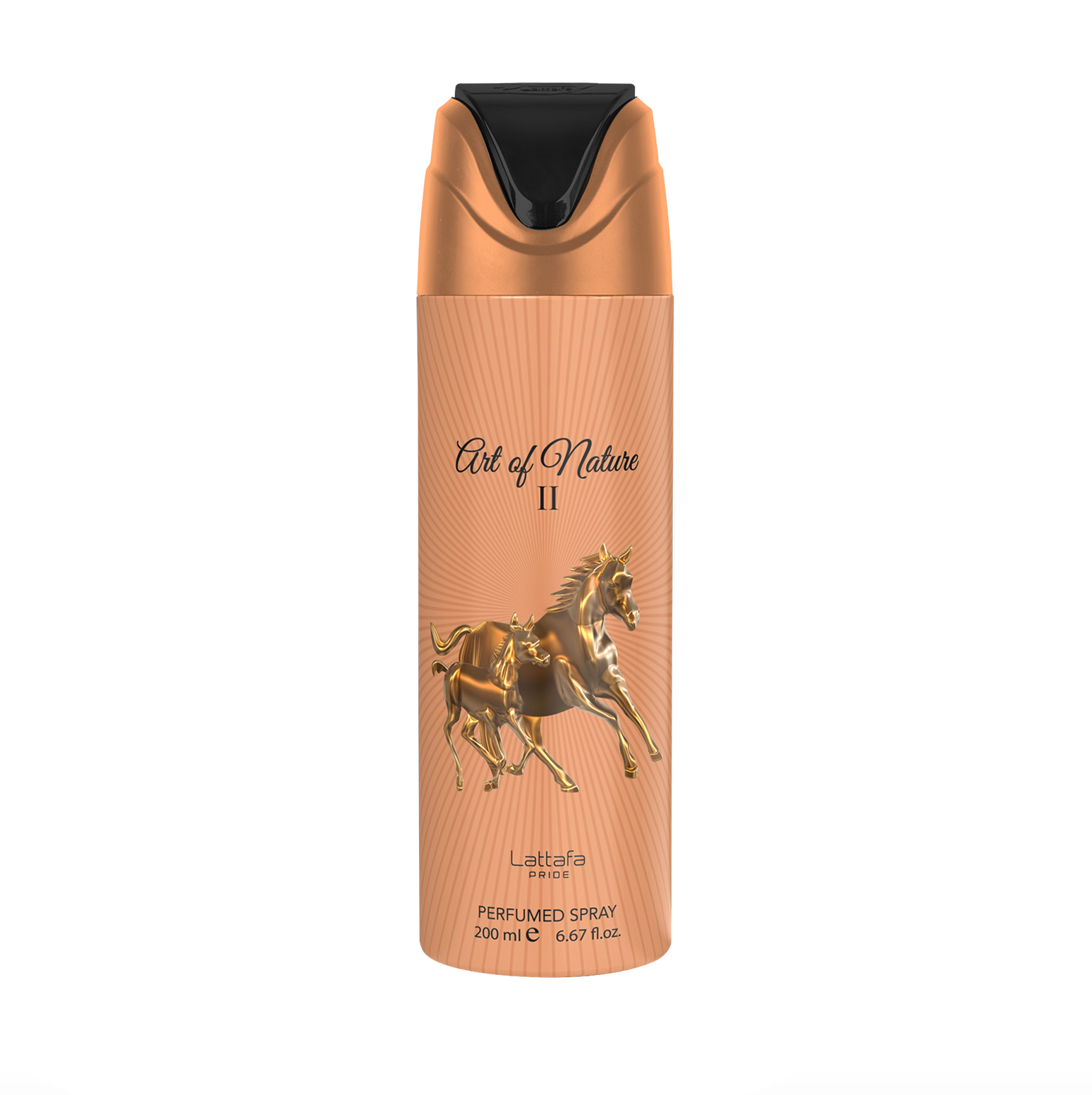 A professional product photograph of the Lattafa Pride Art of Nature II deodorant bottle (200ml), highlighting its sleek design and the premium, elegant branding of the Lattafa Pride collection against a clean, modern background.