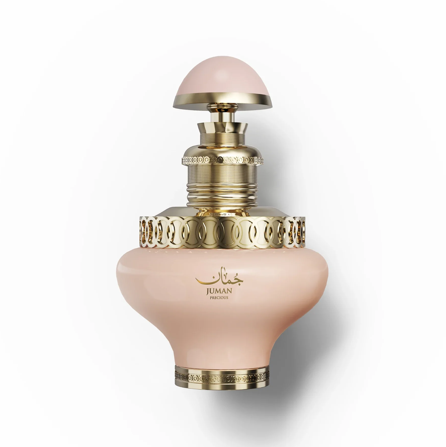 Close-up of the Juman Precious 100ml women's perfume bottle with gold detailing. A clean studio shot of the Juman Precious 100ml glass bottle, highlighting its delicate, soft-toned body and intricate gold-toned metal accents around the neck and base.