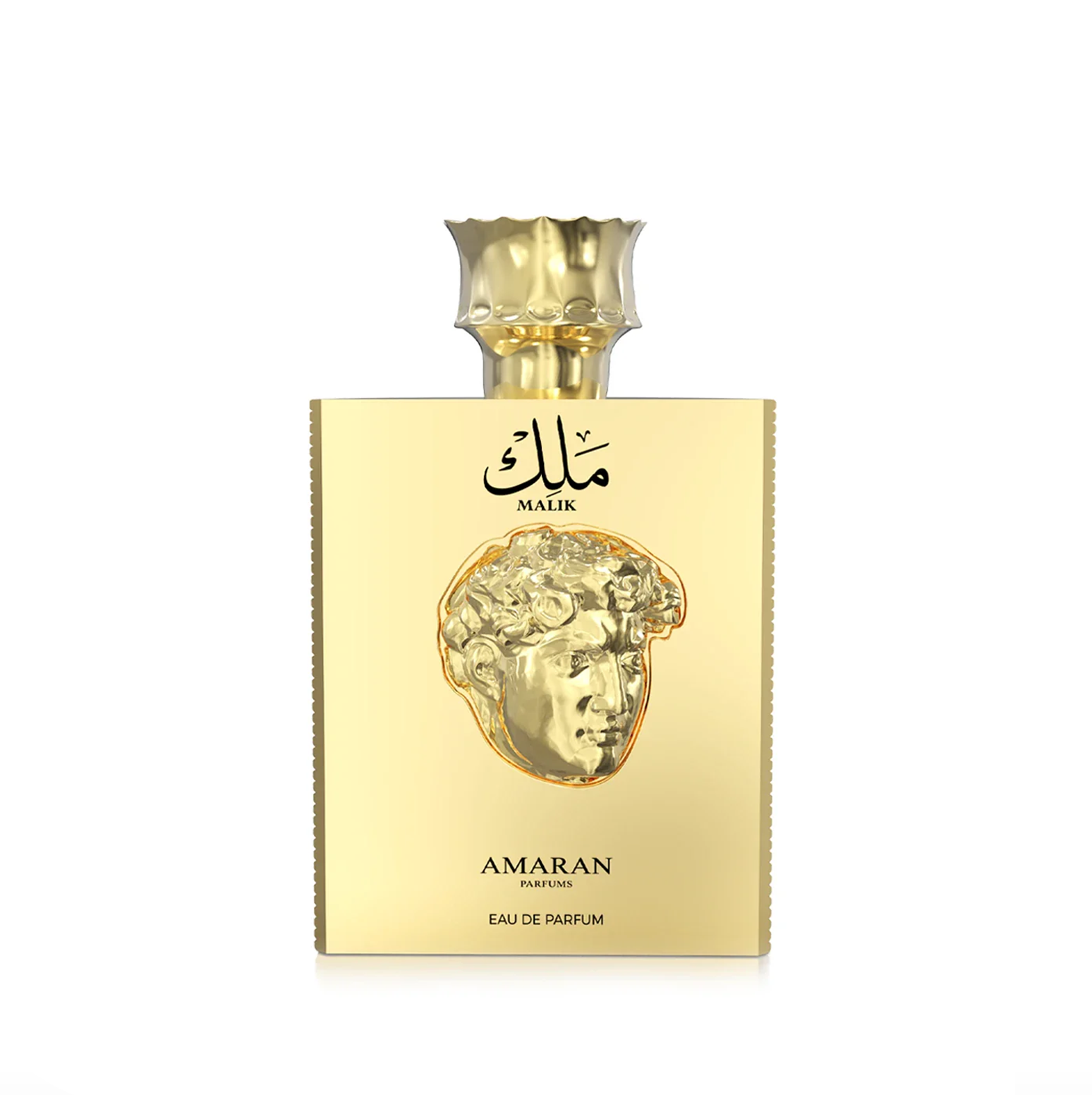 A clean studio shot of the gold-toned Malik 100ml bottle, highlighting the intricate, embossed sculptural portrait on the front.