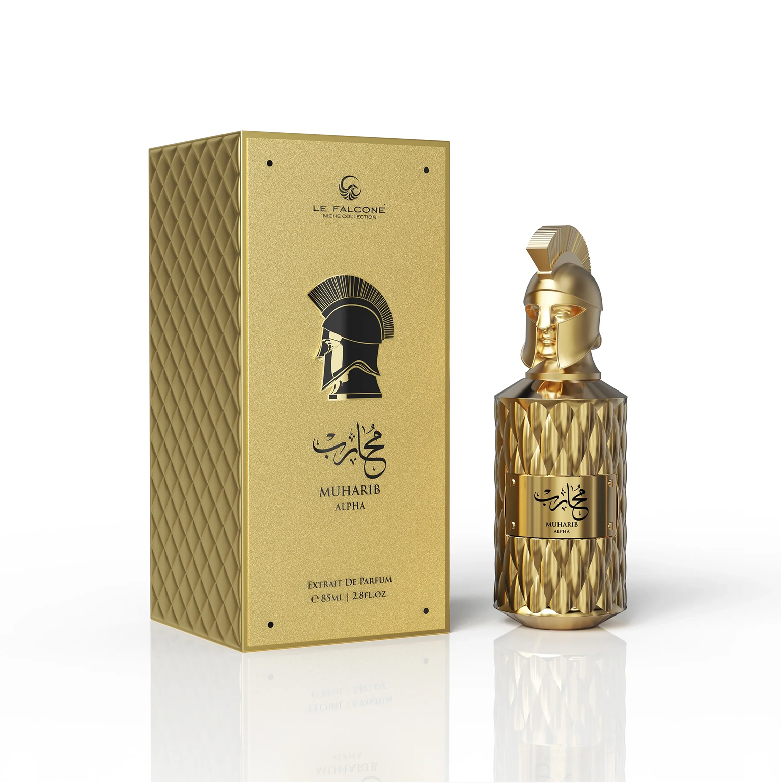 A premium product presentation of Le Falconé Muharib Alpha Extrait de Parfum, featuring the 85ml bottle displayed beside its elegant, textured golden box, showcasing the iconic Spartan helmet design.
