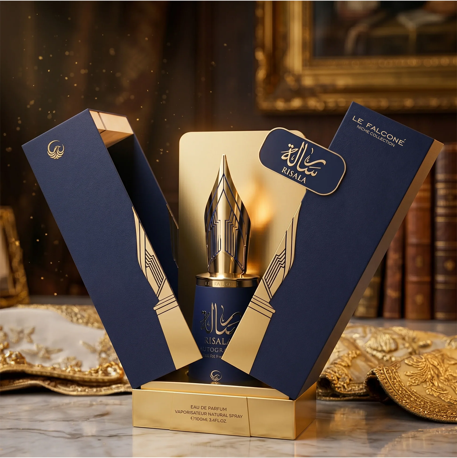 A premium product display showing the Risala Autograph 100ml bottle nestled inside its signature blue and gold fountain-pen-inspired gift box on a marble surface.
